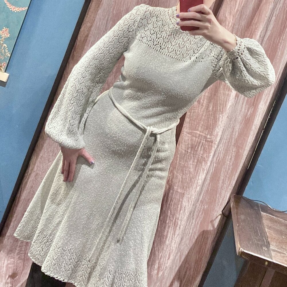 Vtg 60s 70s Picardo Knits Pointele Crochet Sweater Midi Dress Silver Bishop L XL